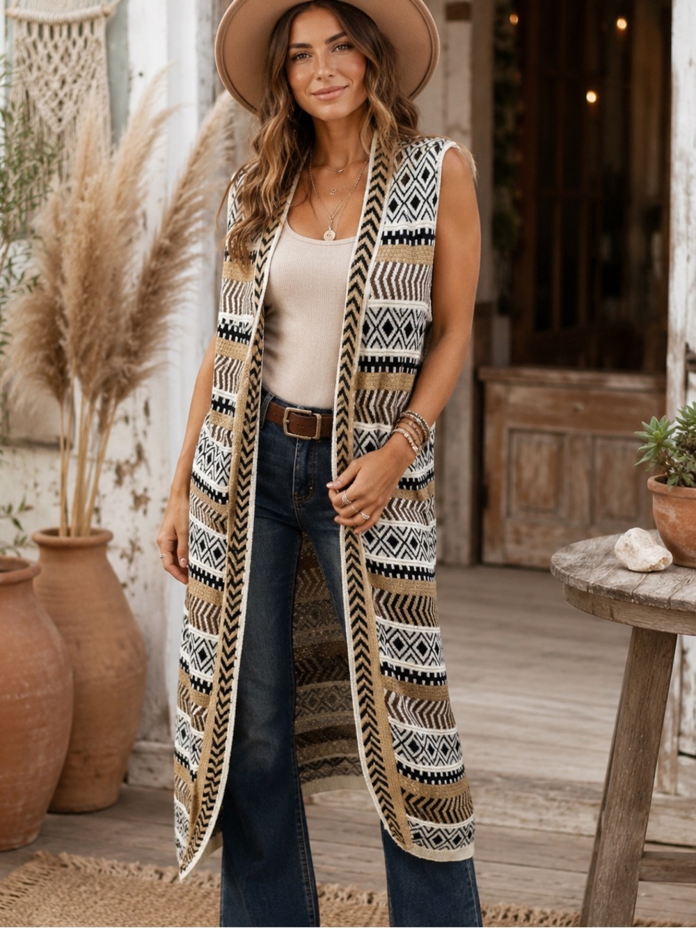 New Directions Woman Boho Geometric Long Vest – Size 3X